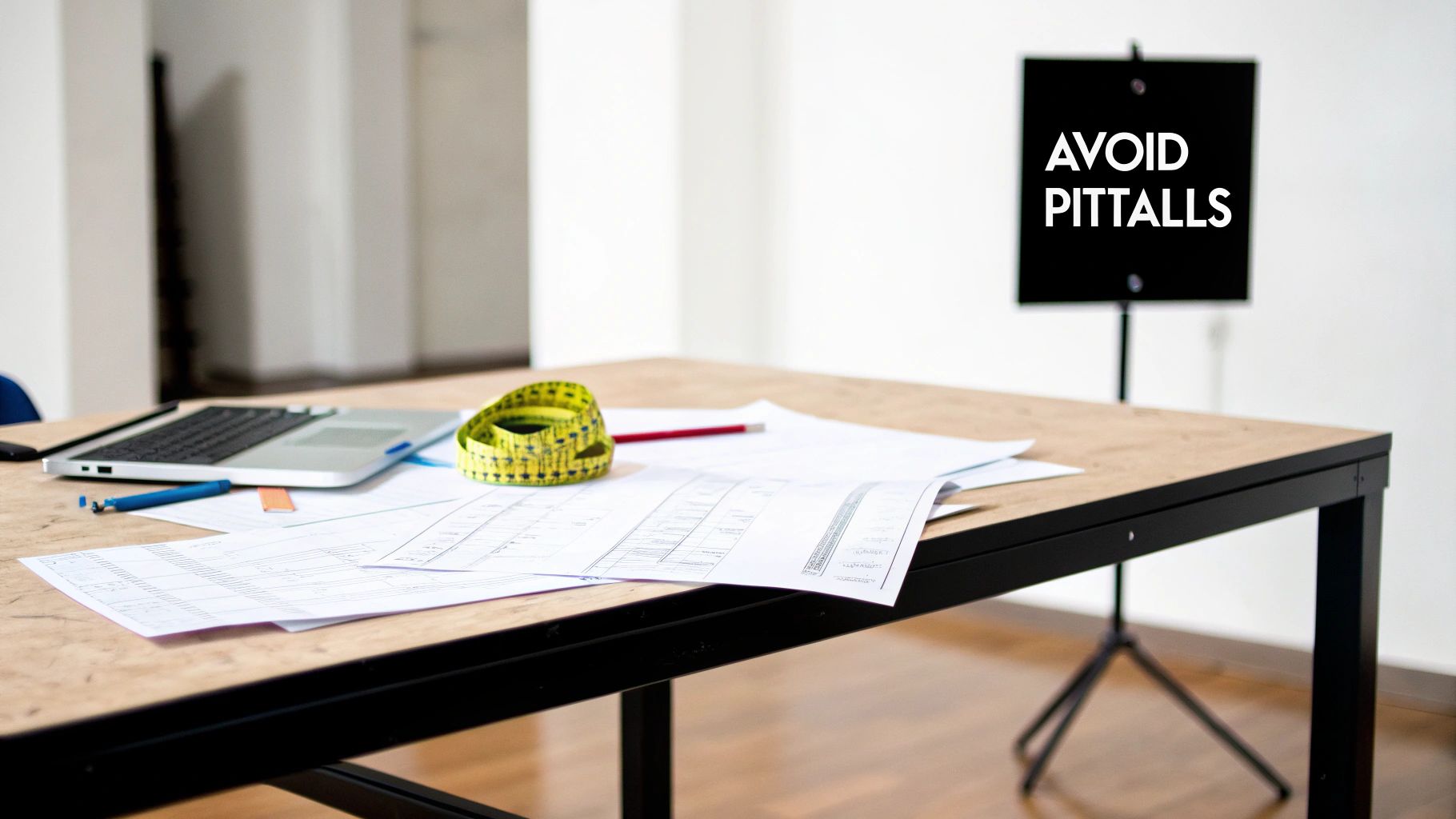 A desk with a laptop, measuring tape, and blueprints, and a sign saying 'AVOID PITFALLS' in the background.