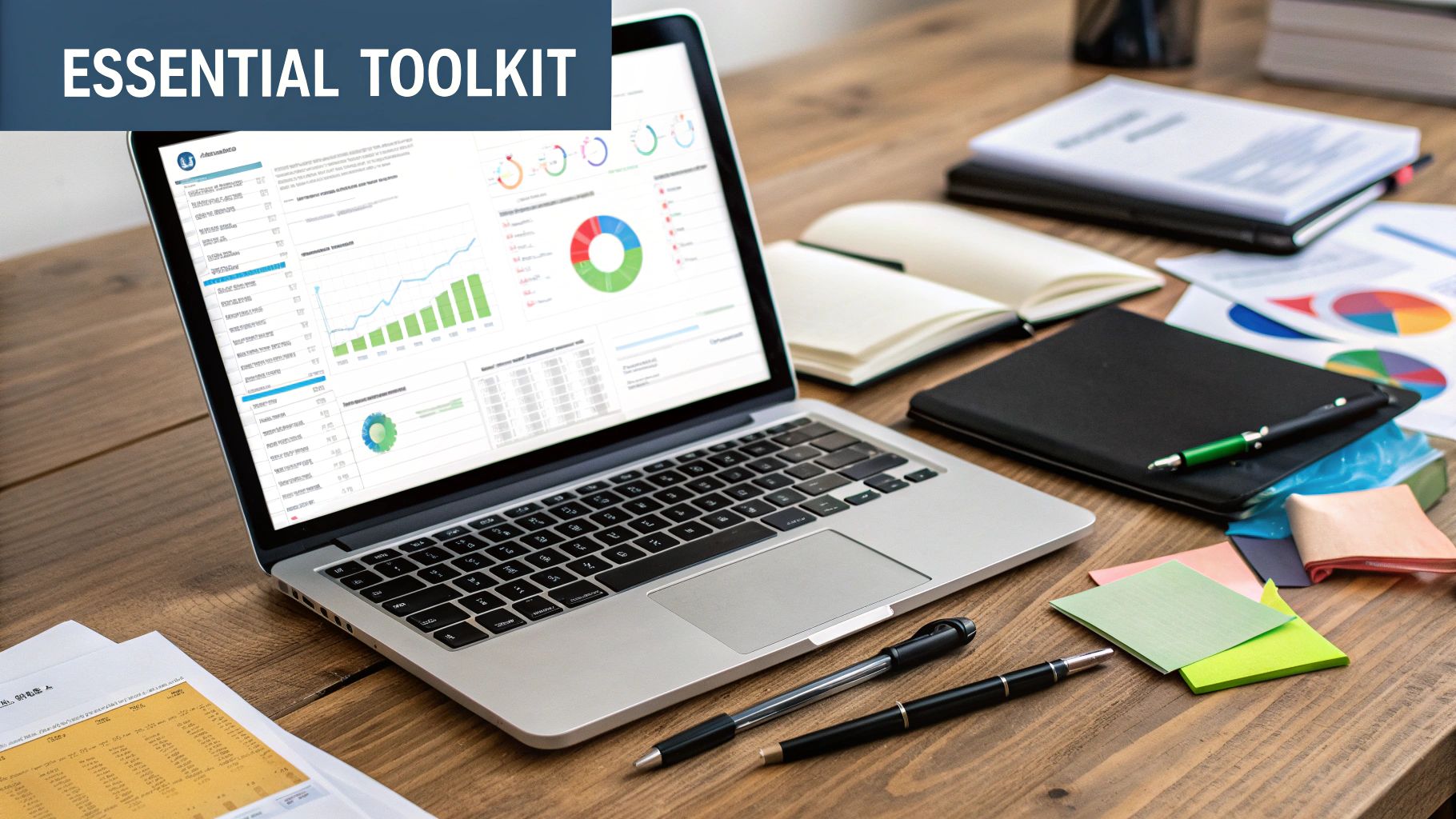 A digital illustration showing a toolbox filled with software logos representing CRM, SEO, and marketing automation tools.