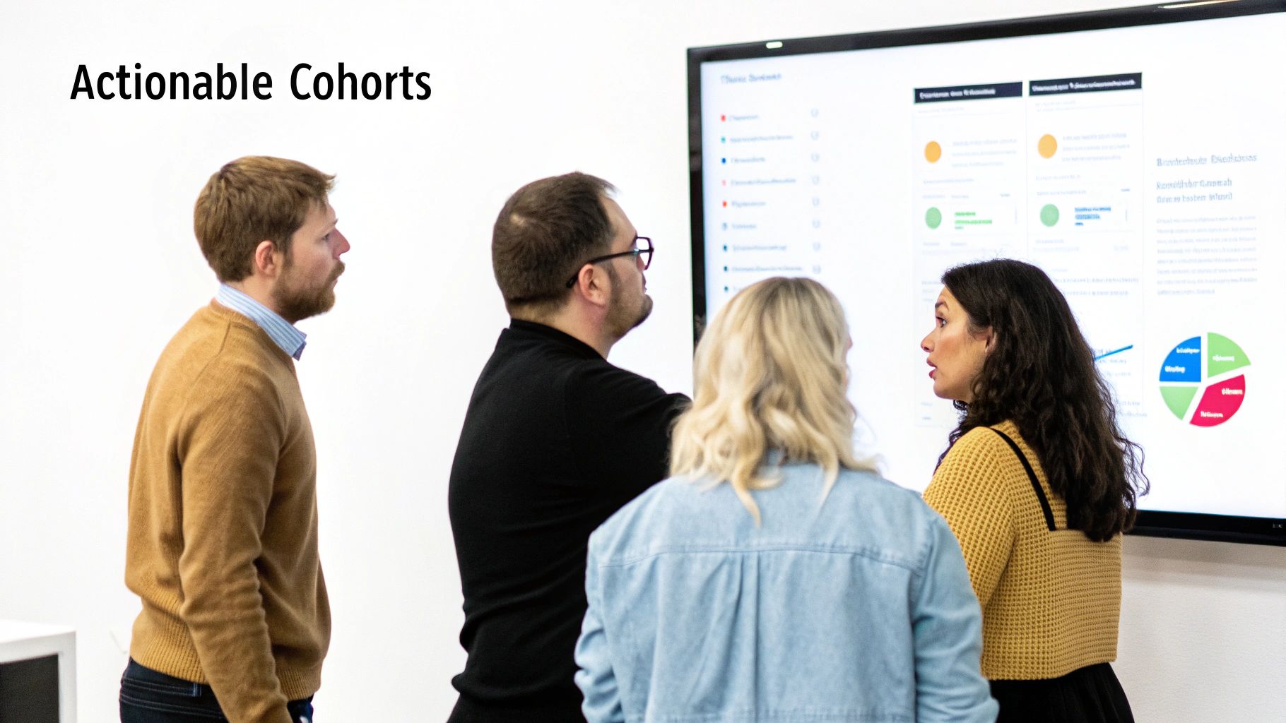 Four colleagues analyze data and charts on a large screen, discussing 'Actionable Cohorts'.