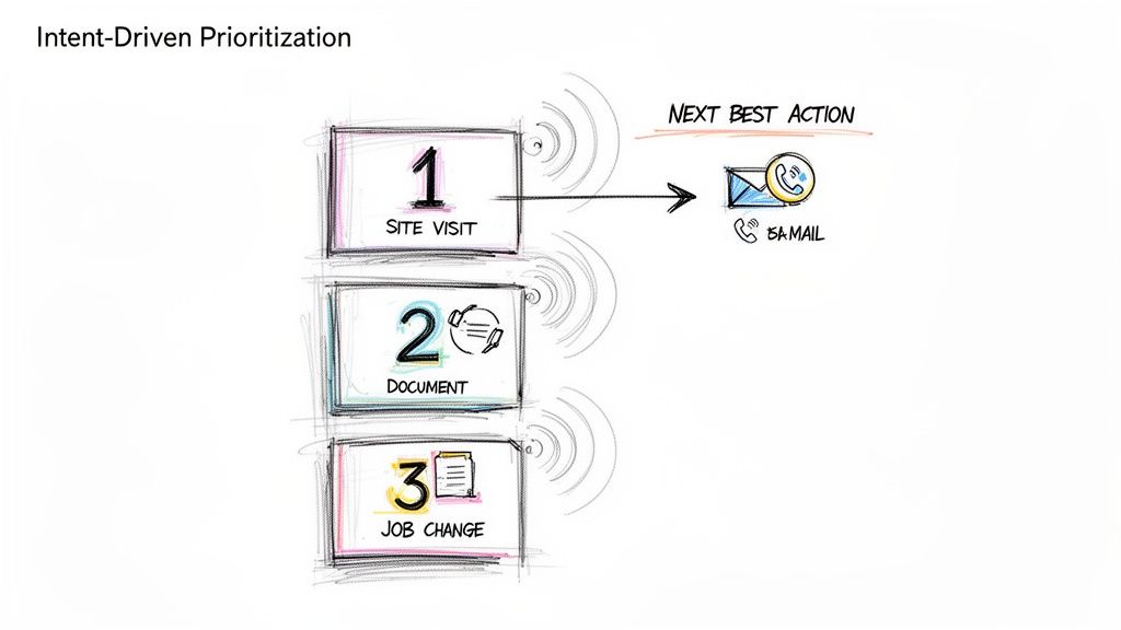 A hand-drawn diagram illustrating intent-driven prioritization, showing Site Visit, Document, and Job Change leading to a Next Best Action: email or call.