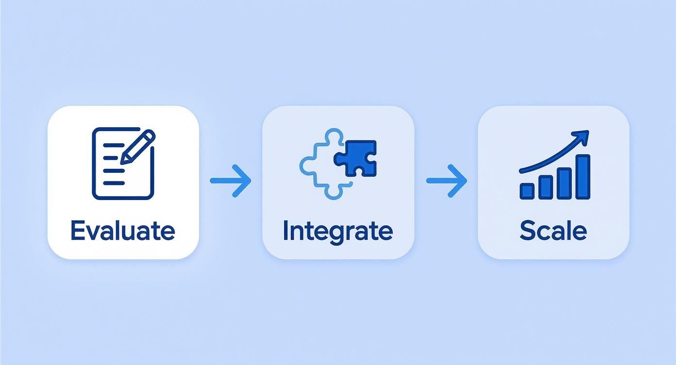 Three-step business process workflow diagram showing evaluate, integrate, and scale stages with icons
