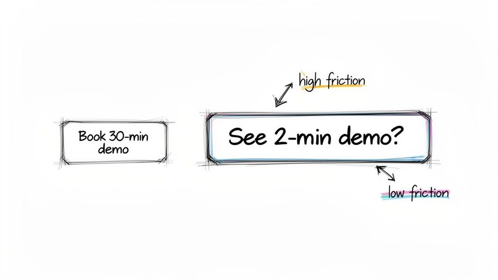 Two demo options comparing high versus low friction: 'Book 30-min demo' (high) versus 'See 2-min demo?' (low).
