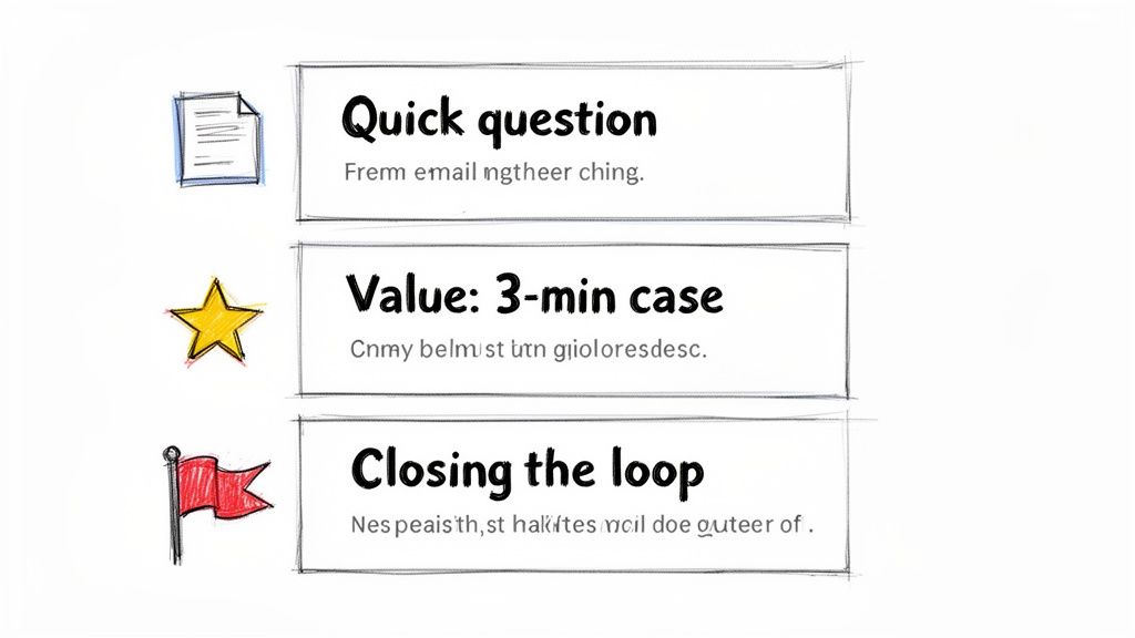 Visual guide to effective email follow-up techniques, featuring quick questions, value cases, and closing the loop.