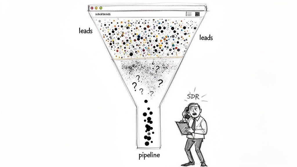 Sales funnel showing many leads entering, filtering with uncertainty, resulting in a small pipeline, and a stressed SDR.