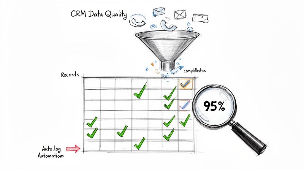 A diagram illustrating CRM data quality, automation processing communication data into records, achieving 95% completeness.