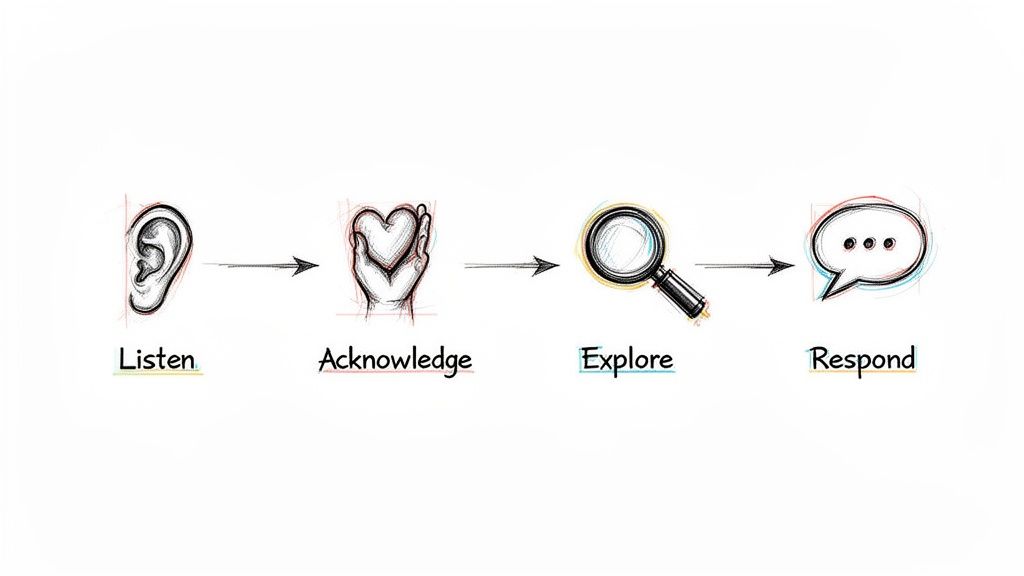 Hand-drawn diagram illustrating a four-step communication process: Listen, Acknowledge, Explore, and Respond.