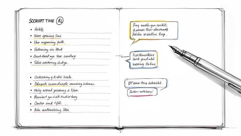 Hand-drawn sketch of an open notebook with a pen, displaying handwritten notes and speech bubbles.