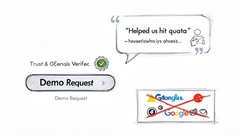 A sketch-style image showing a 'Demo Request' button, a testimonial bubble, and crossed-out Google logos.