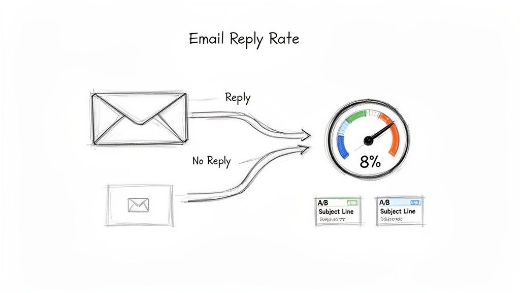 Diagram illustrating email reply rate, showing emails leading to replies or no replies, with an 8% success.