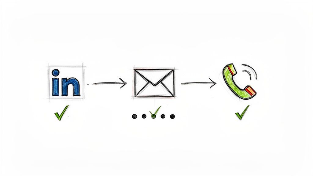 Illustrative sketch of a multi-channel outreach strategy: LinkedIn, email, and phone, all successful.