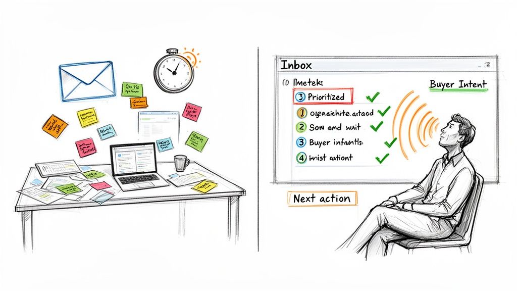 Illustration contrasting a messy desk with manual tasks and a man experiencing AI-driven email prioritization based on buyer intent.