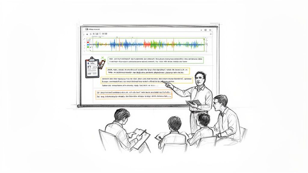 Sketch of a teacher presenting conversation analytics software with audio waveforms to students in a classroom.