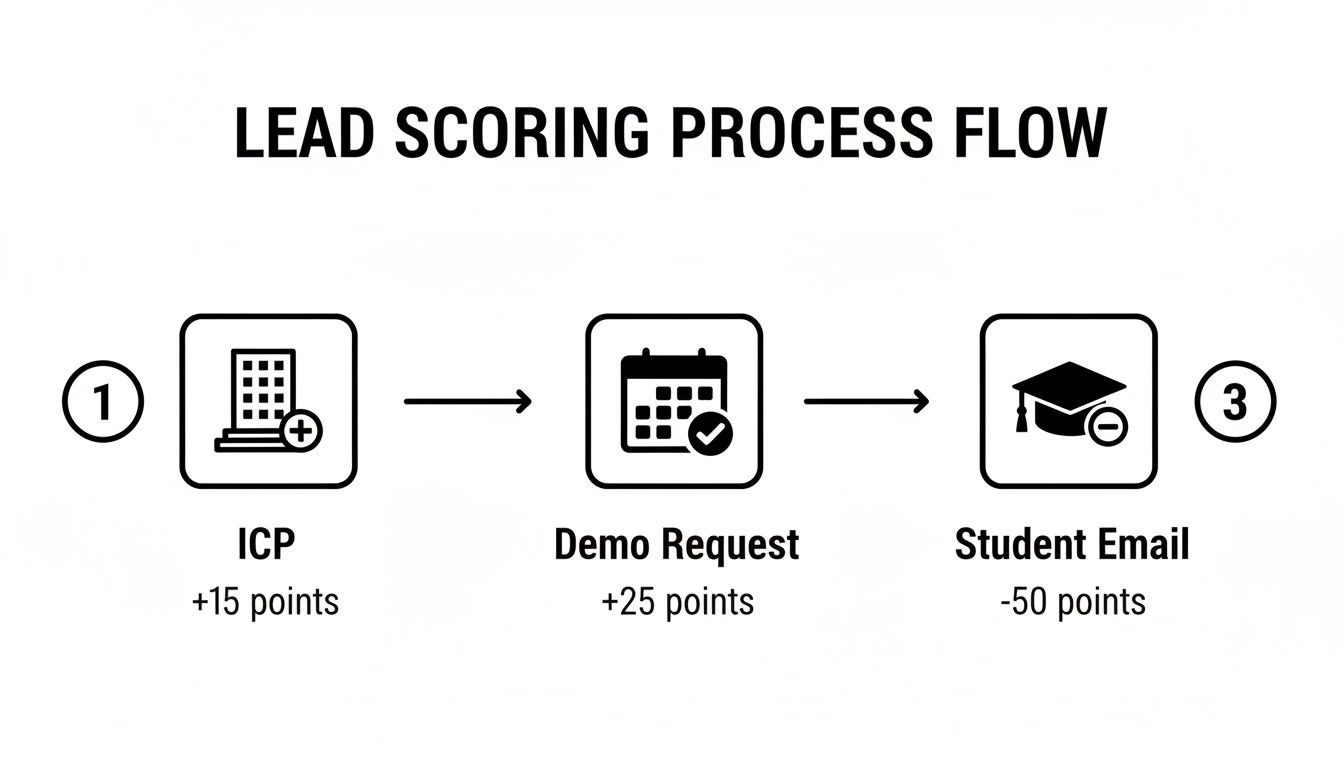 Lead scoring process flow detailing points for Ideal Customer Profile, demo requests, and student emails.