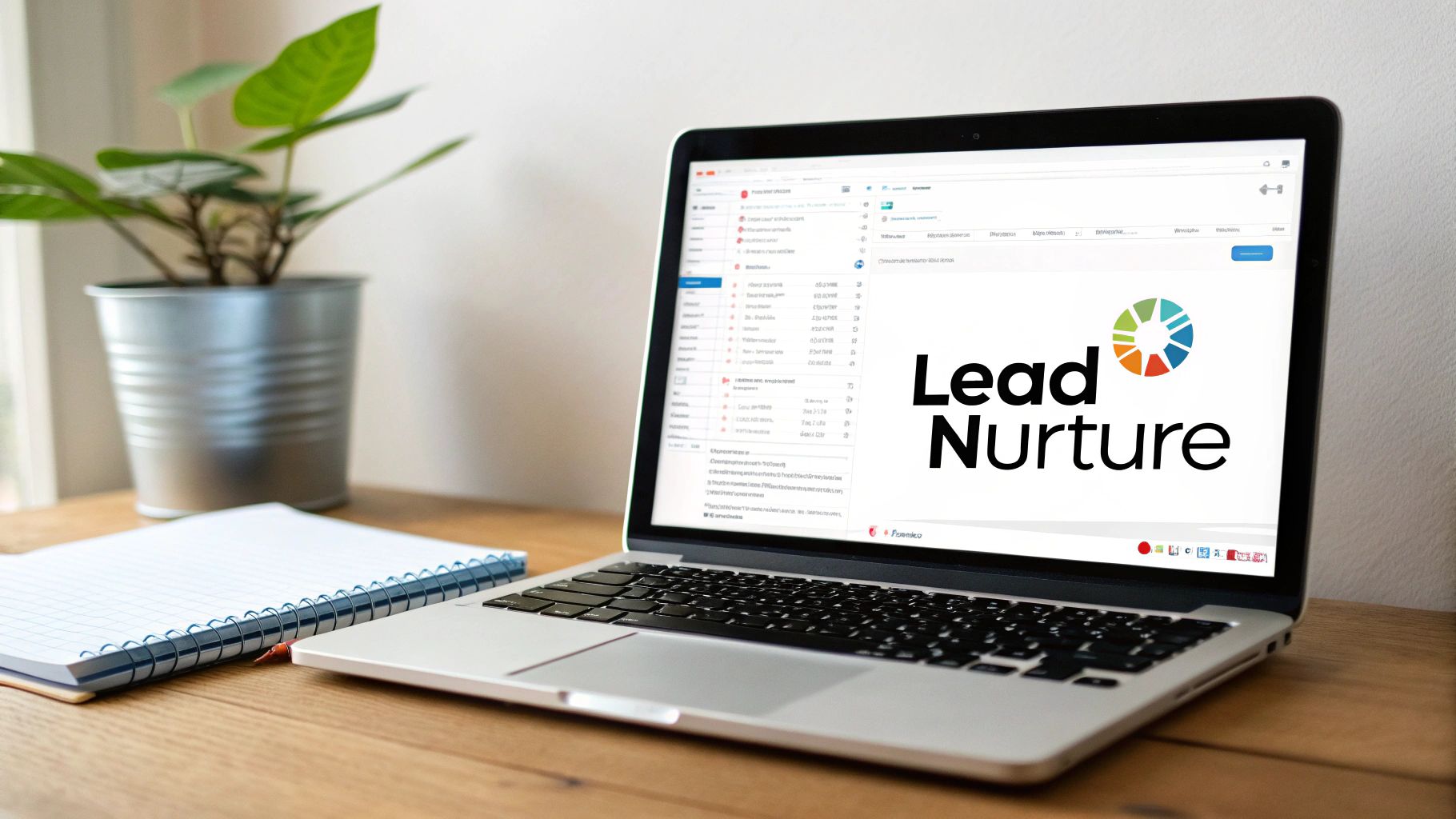 Lead Nurture software dashboard displayed on laptop screen with notebook on wooden desk workspace