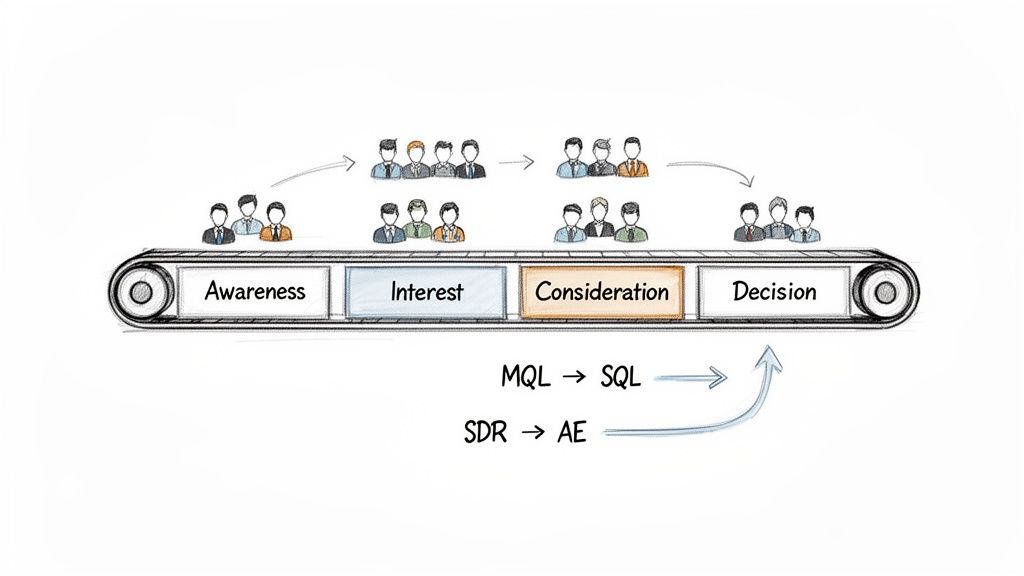Diagram of a B2B sales funnel on a conveyor belt, showing stages from Awareness to Decision, with lead and role transitions.