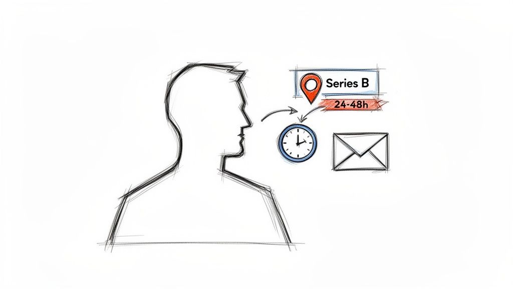 A person's profile thinking about Series B funding, a 24-48h deadline, and sending an email.