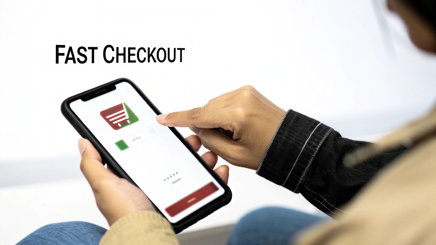 A person's hands holding a smartphone, interacting with a fast checkout e-commerce app.