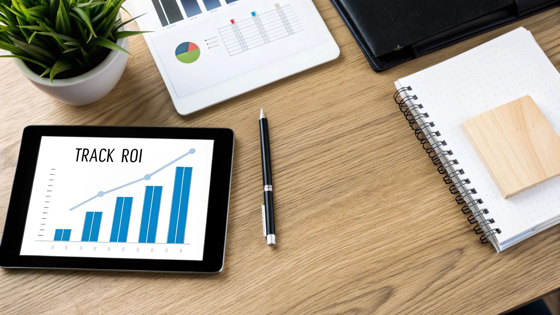 A digital dashboard with charts and graphs showing a positive return on investment, symbolizing successful AI implementation.