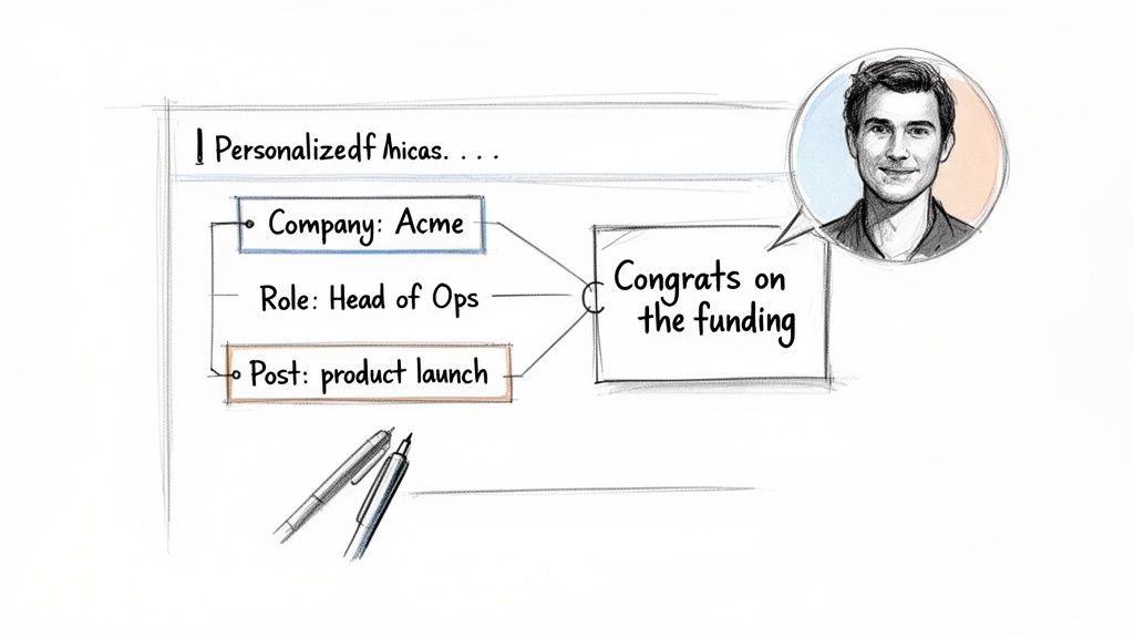 A diagram illustrates personalized outreach based on company, role, and a product launch post, leading to a congratulatory message from a man.