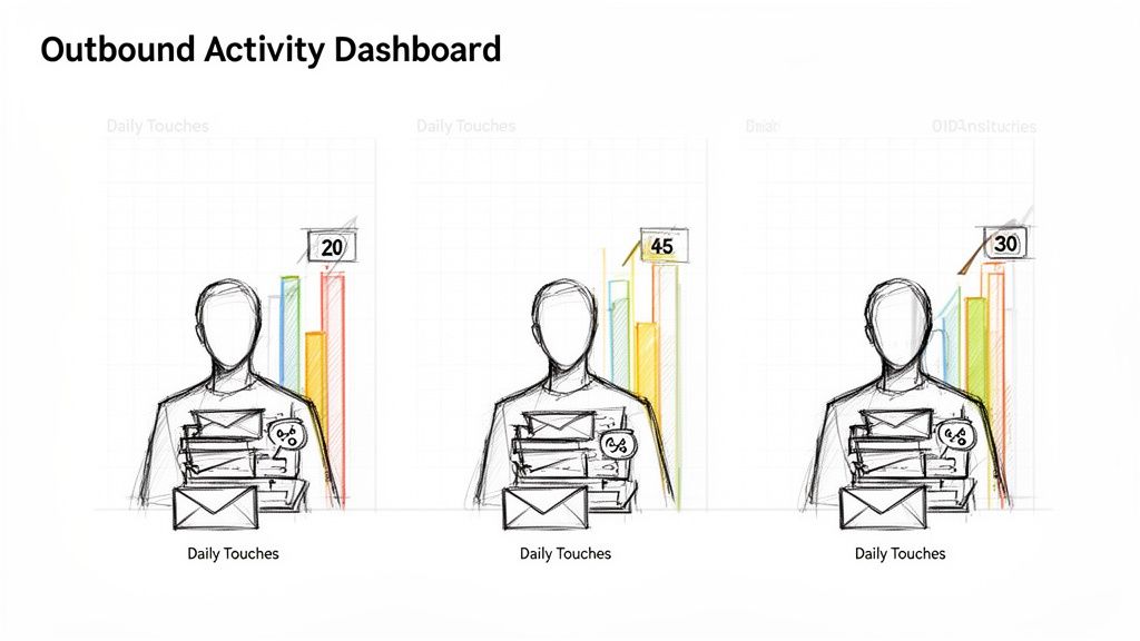 Dashboard visualizing outbound activity with daily touches and performance metrics for three individuals.