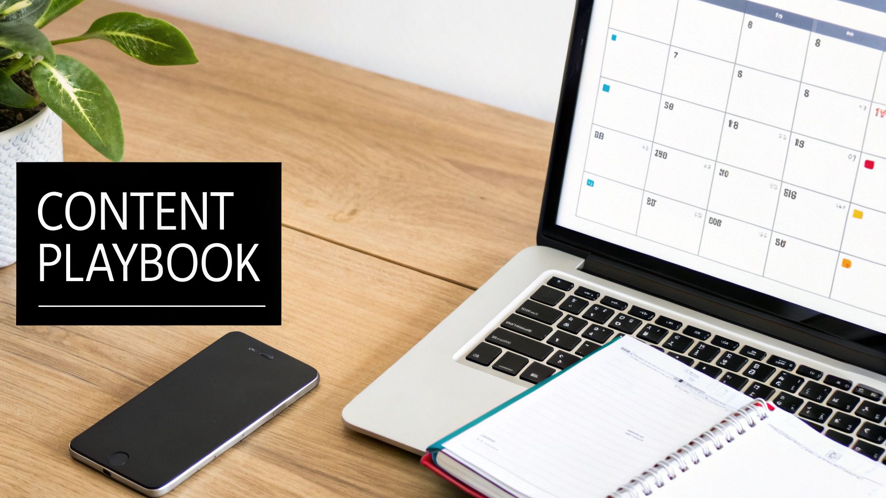 Overhead view of a modern workspace with a laptop displaying a calendar, a smartphone, and a 'Content Playbook' text.