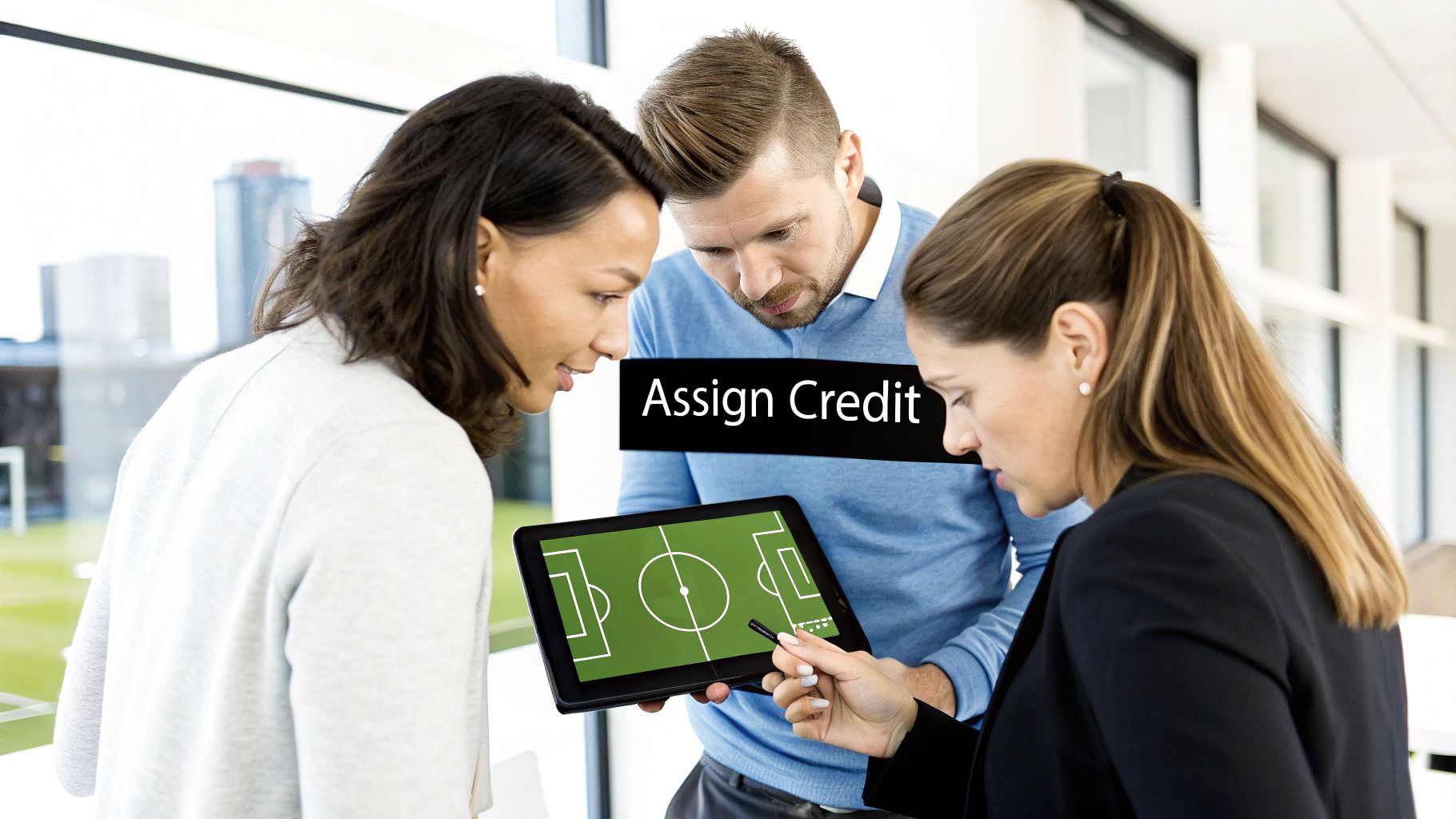 Three colleagues discuss soccer strategy on a tablet with a stylus in a modern office.