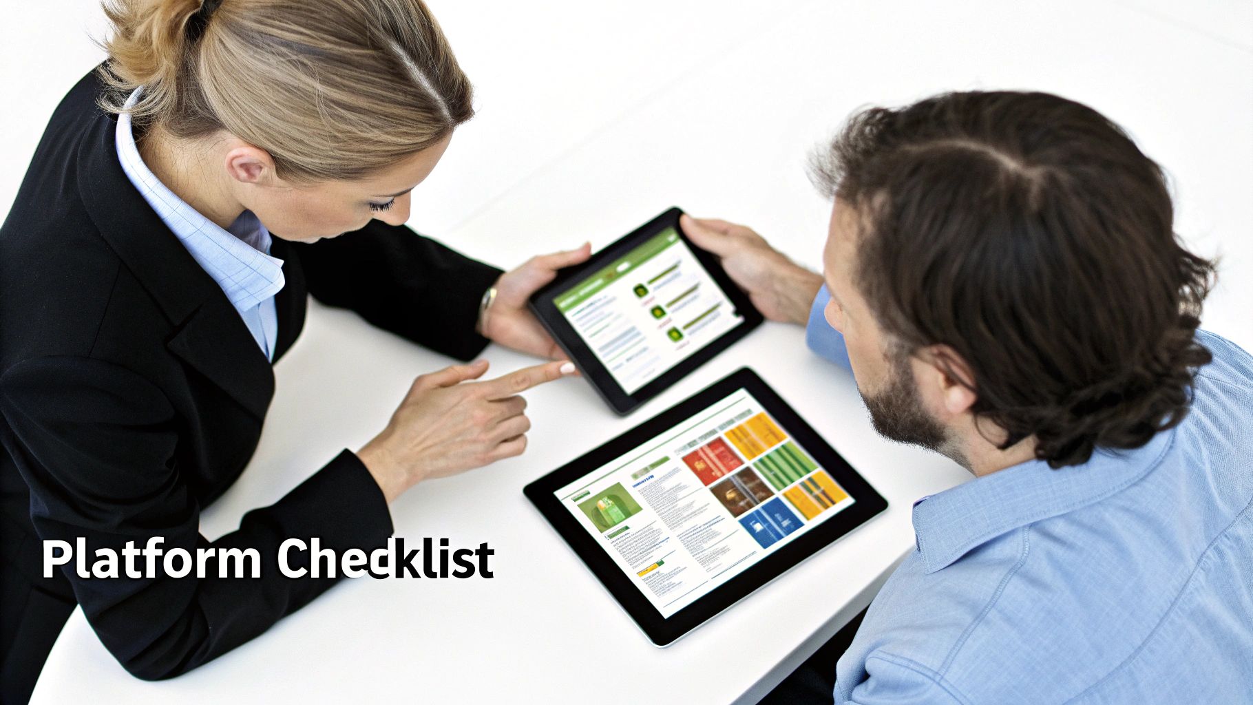 Two business professionals analyzing a platform checklist and data on tablets during a collaborative meeting.