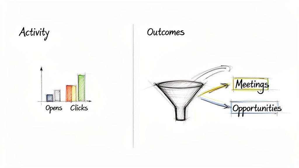 Illustration of email marketing activity (opens, clicks) feeding into a funnel generating meetings and opportunities.