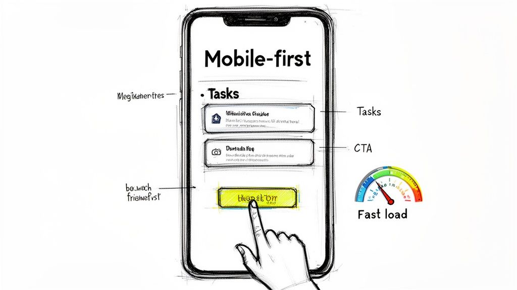 A mobile-first design sketch of a smartphone with tasks, a call to action, and fast load indications.