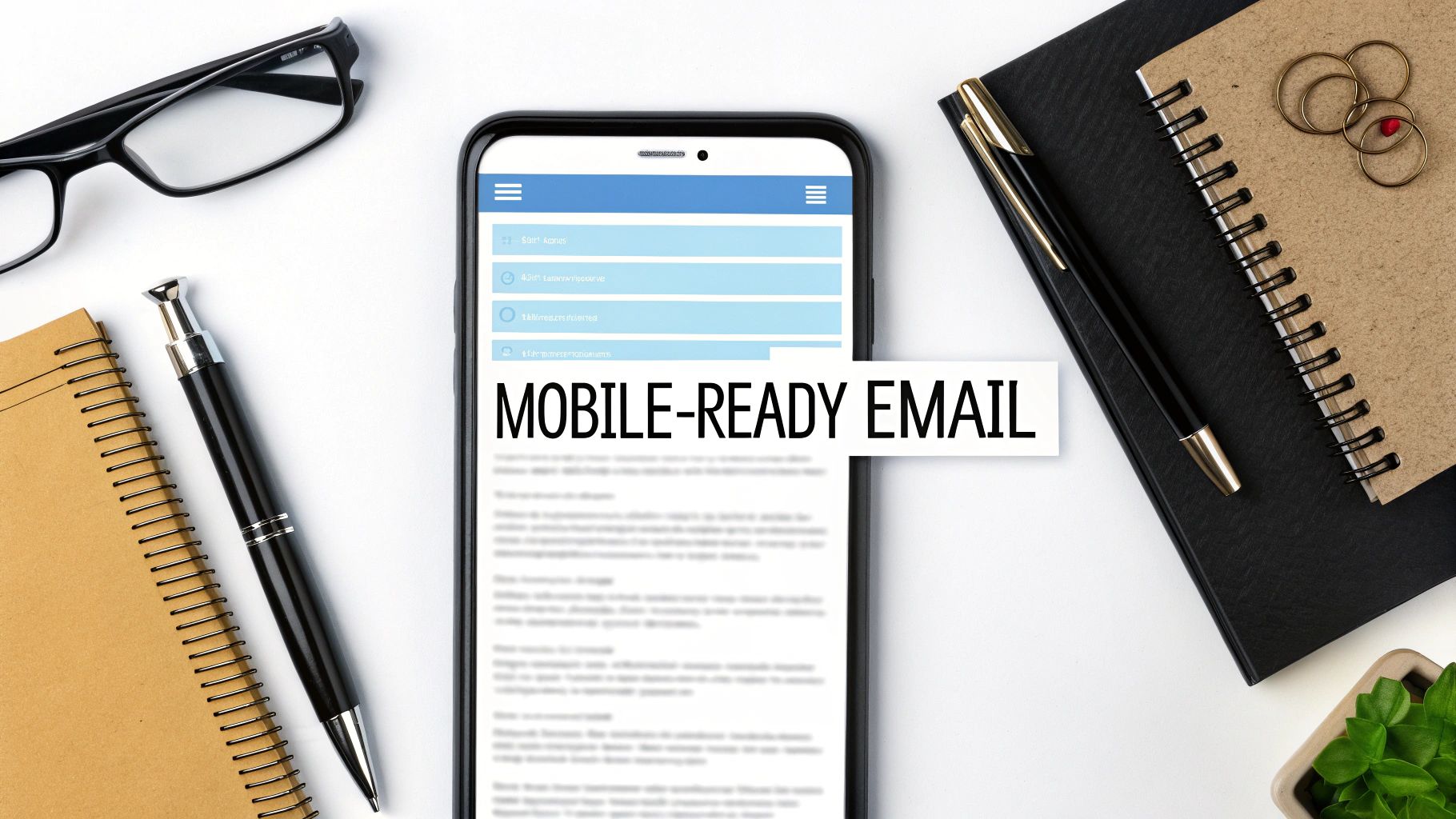A flat lay workspace showing a smartphone with 'MOBILE-READY EMAIL' text, surrounded by office supplies.