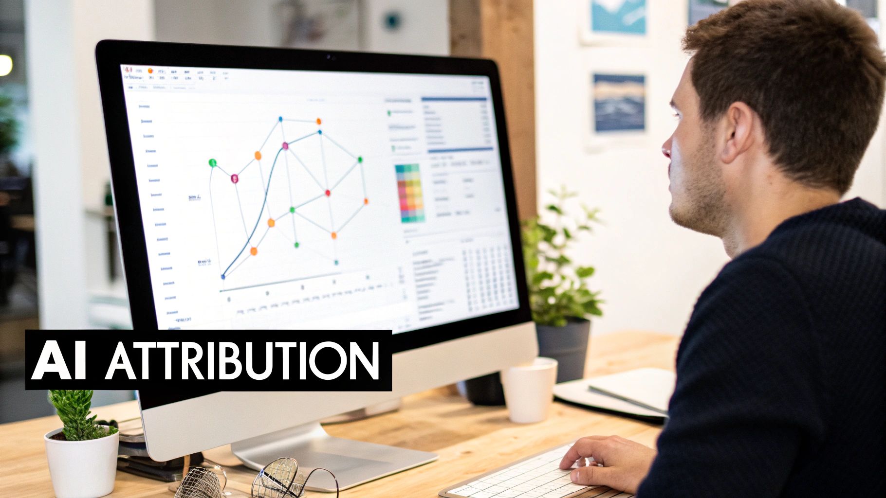 A man analyzing data visualization graphs on a desktop computer screen in an office.