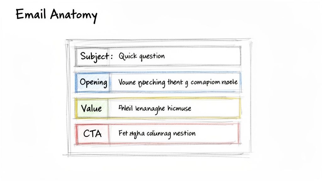 Hand-drawn sketch illustrating email anatomy with sections for subject, opening, value, and call to action.
