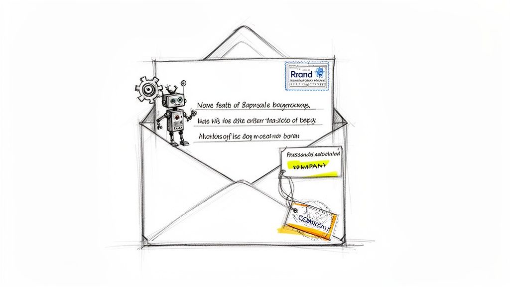 Hand-drawn sketch of an open envelope containing a letter, with a small robot and Rand stamp.