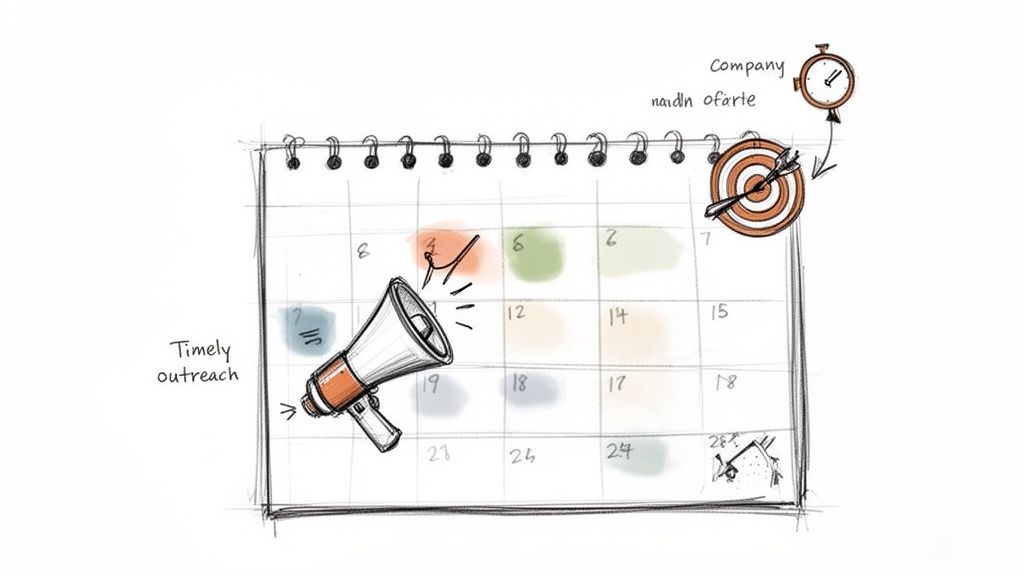 Hand-drawn calendar showing timely outreach, with a megaphone, stopwatch, and target symbolizing goal achievement.