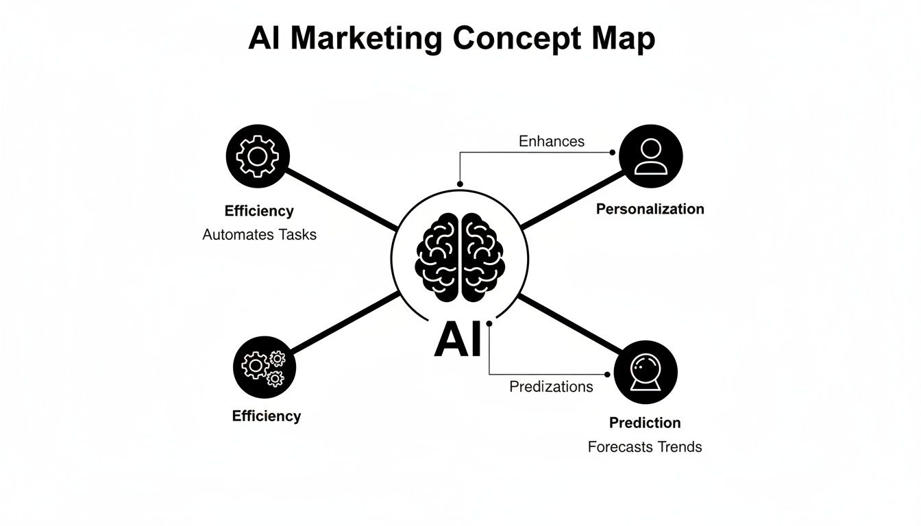 An AI marketing concept map illustrating AI's role in efficiency, personalization, and prediction.