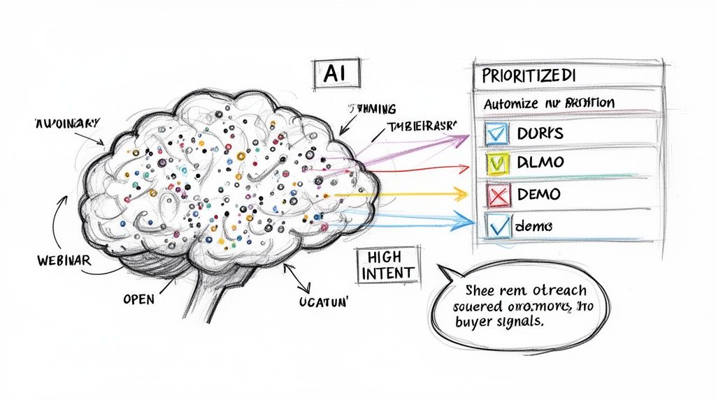 AI brain diagram shows inputs, task prioritization, high intent identification, and lack of buyer signals.