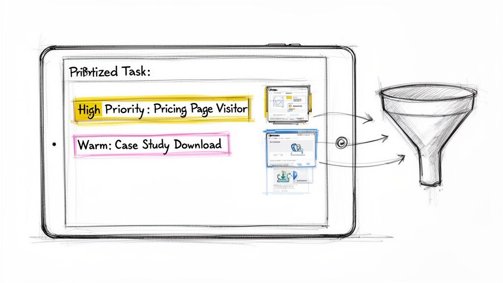 Tablet showing prioritized website visitor tasks like pricing page view and case study download feeding into a sales funnel.
