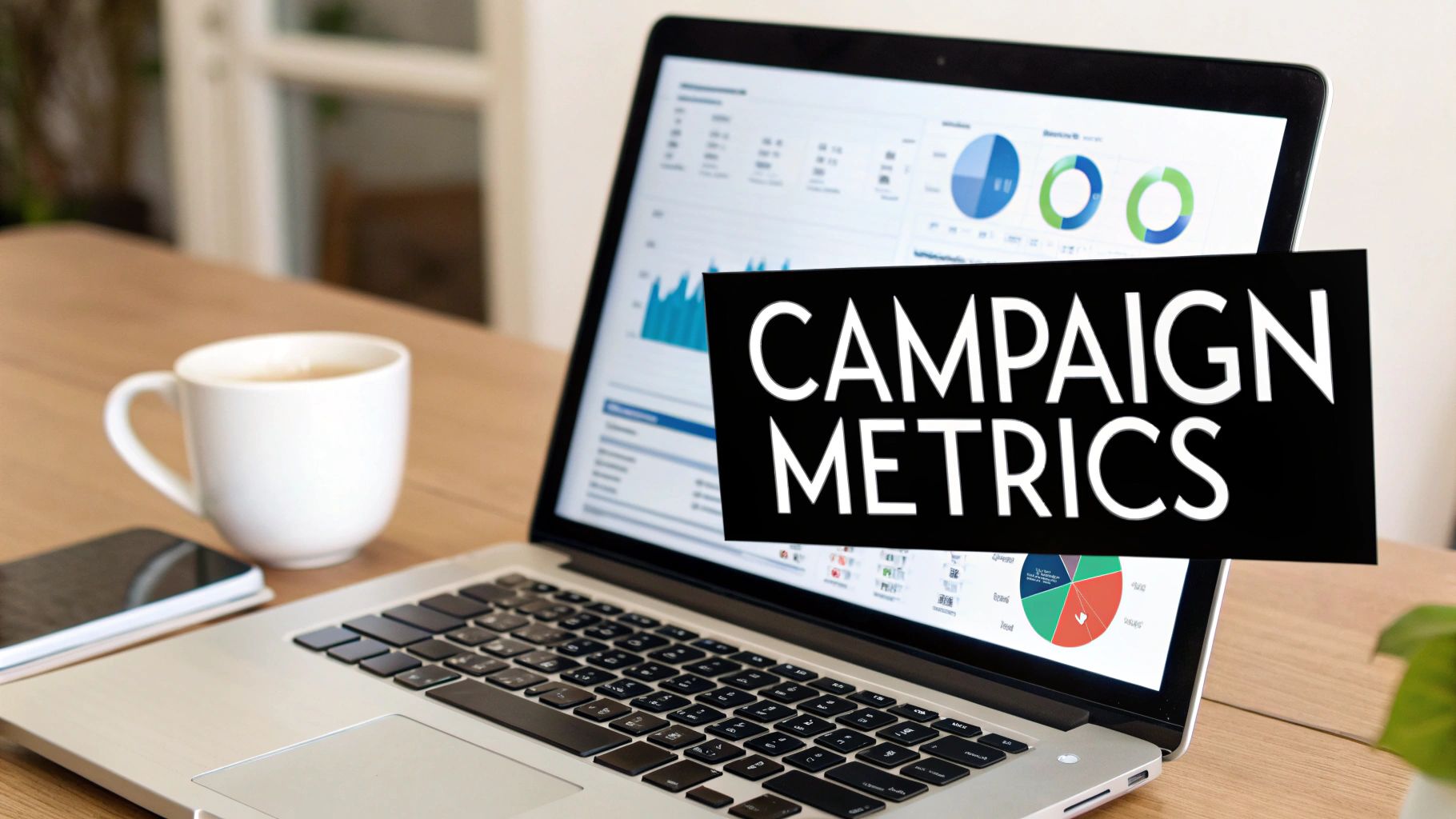 A laptop screen displays marketing campaign metrics and data with charts, next to a coffee mug and phone.
