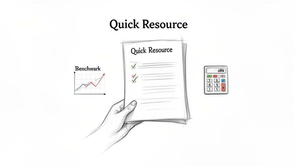 A hand holds 'Quick Resource' documents with checkmarks, next to a 'Benchmark' graph and a calculator.