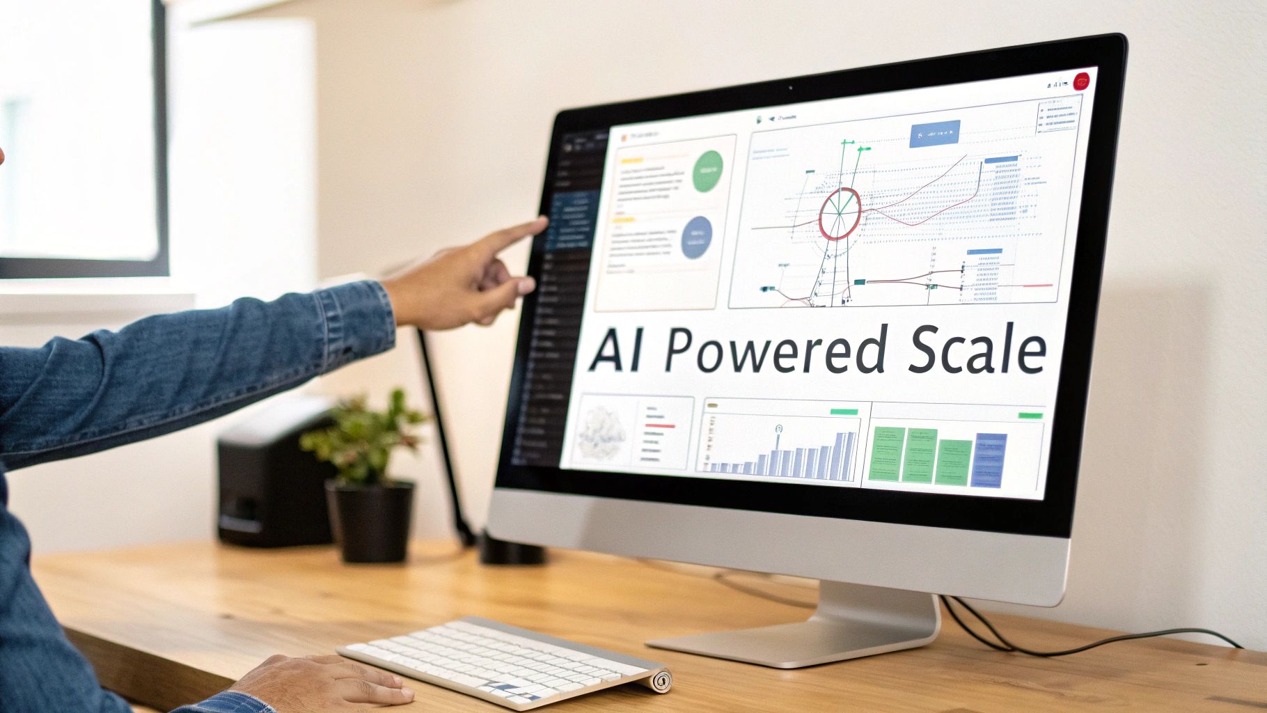 A person points at a computer screen displaying an 'AI Powered Scale' dashboard with data visualizations and charts.