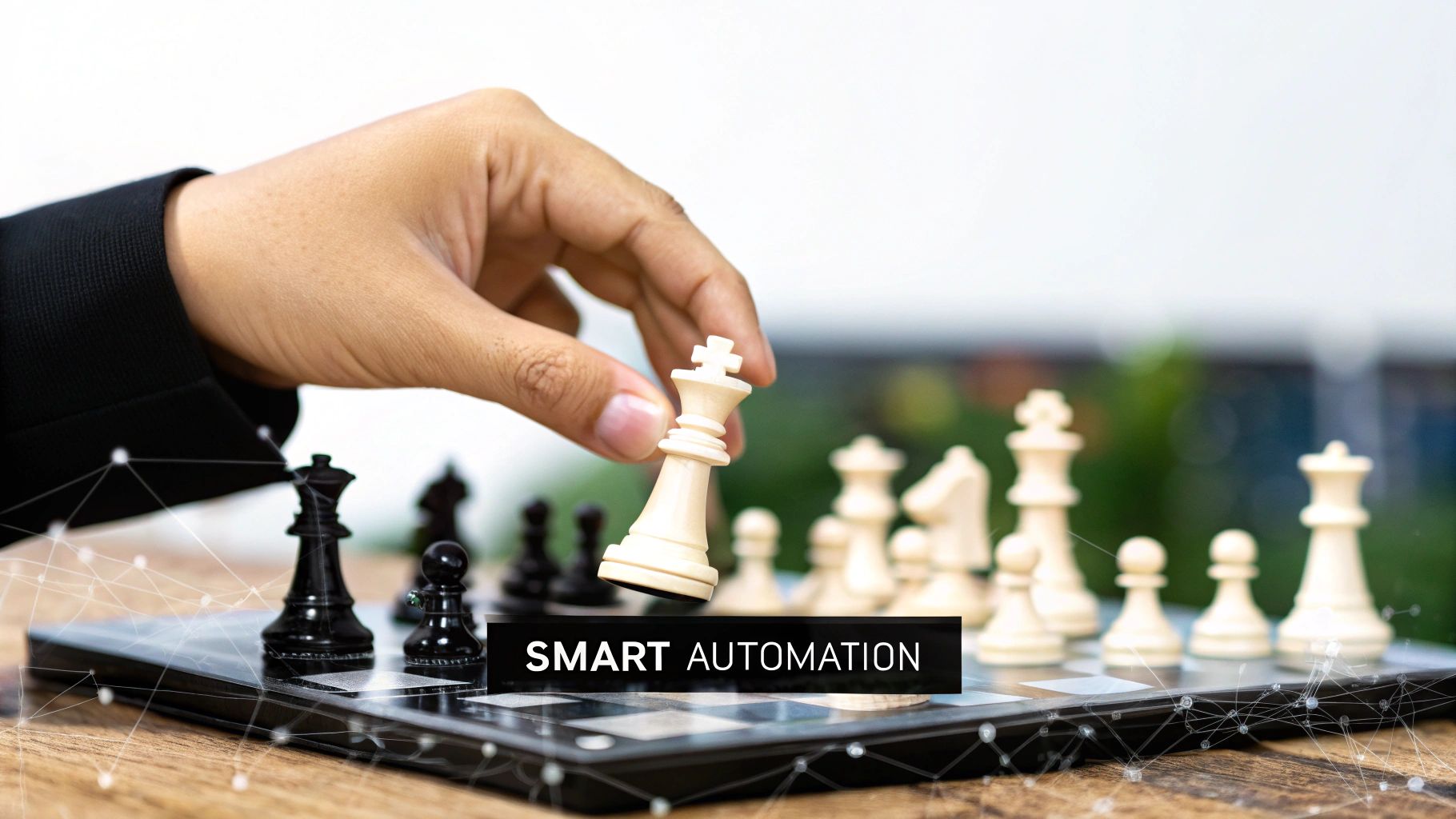 A chess grandmaster contemplating a move, symbolizing the strategic, adaptive nature of AI-powered marketing automation.