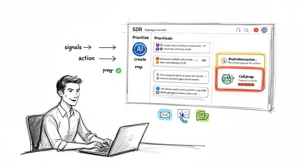 An AI-powered SDR system helps a man prioritize and prepare for sales actions on his laptop.