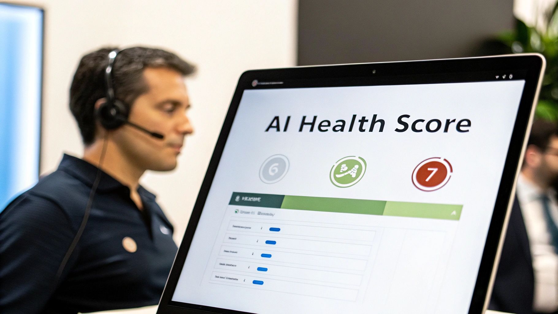 Customer service representative wearing headset viewing AI health score dashboard showing performance metrics