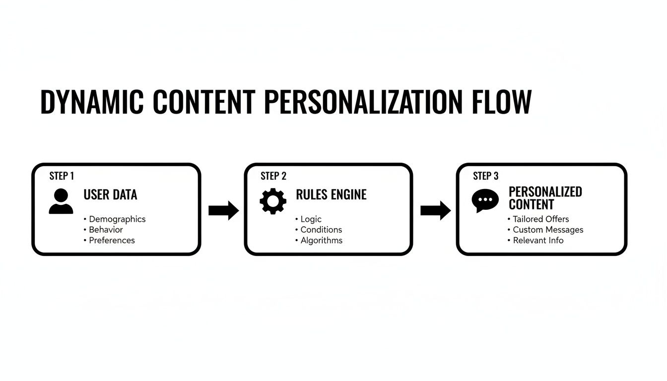 Diagram illustrating the dynamic content personalization flow from user data through a rules engine to personalized content.