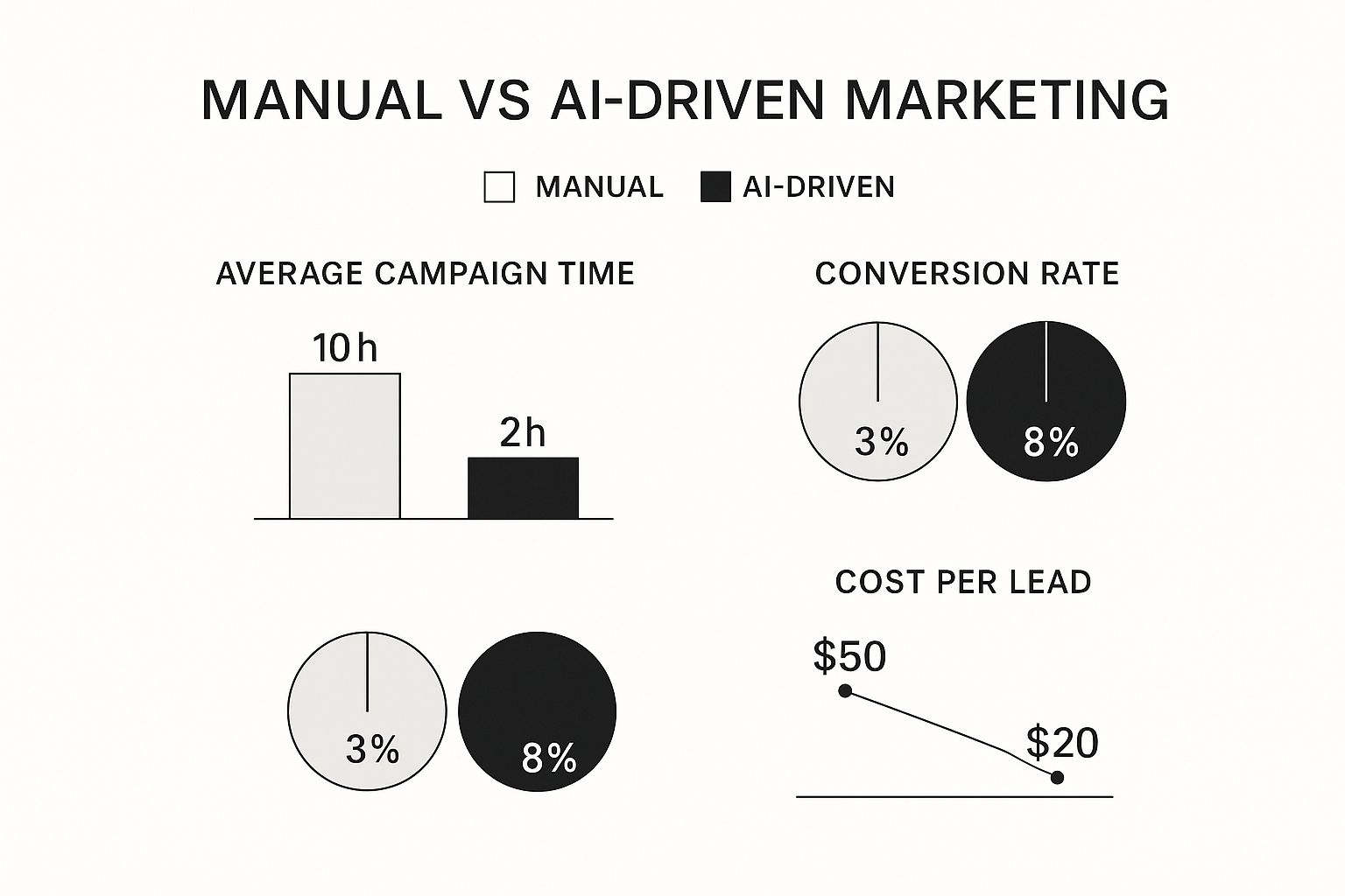 An infographic comparing manual vs. AI-driven marketing across campaign time, conversion rate, and cost per lead.