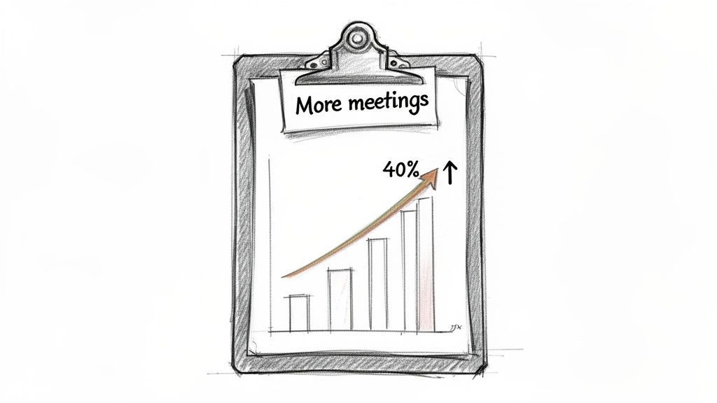 A hand-drawn clipboard displays a chart illustrating a 40% increase in meetings over time.