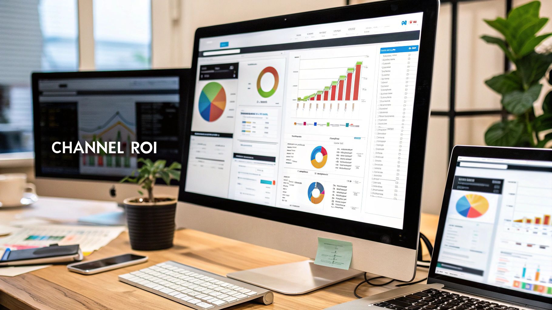 A multi-channel marketing dashboard on a screen, showing performance metrics for different channels like social media, email, and search ads.