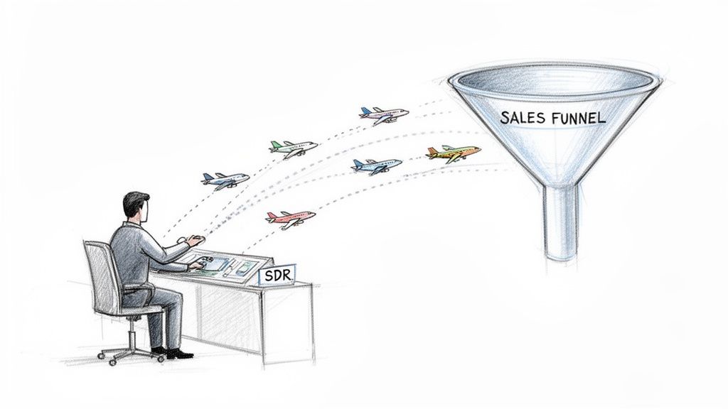 An SDR at a control desk directs multiple colorful airplanes, representing prospects, into a large sales funnel.