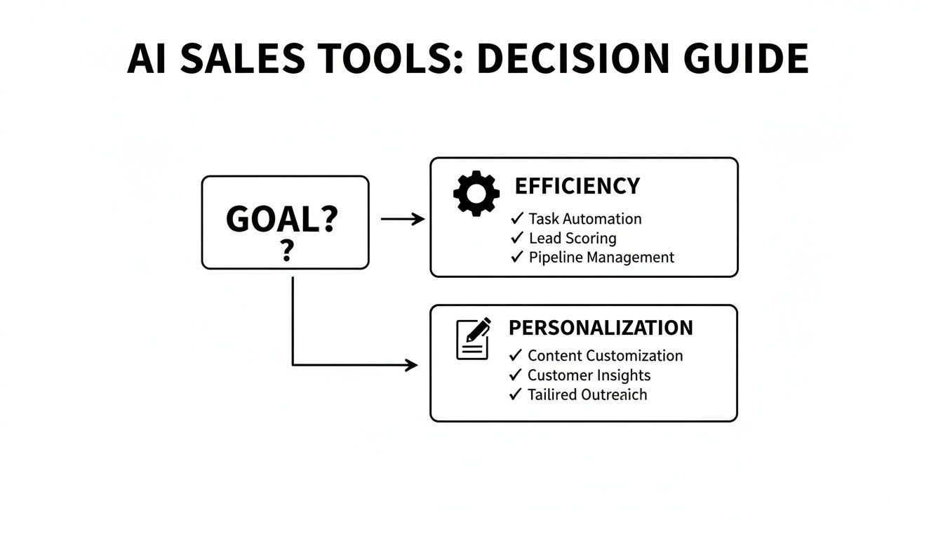 Decision guide for AI sales tools, showing paths for efficiency or personalization goals.