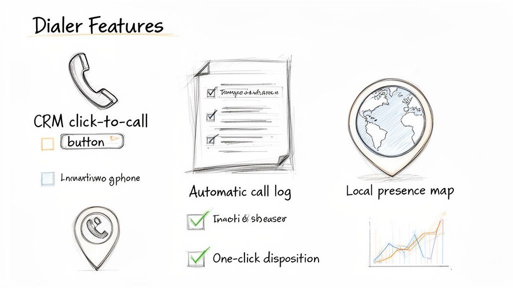 Sketched illustration showcasing dialer features like CRM click-to-call, automatic call log, and local presence map.